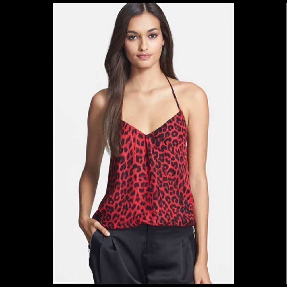 Parker Kae 100% Silk Leopard Print Halter Cami Tank Top Red Black XS